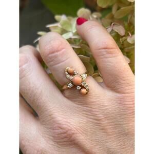 18k Solid Yellow Gold Diamond angel skin pink coral ring size 6.5 Jewelry Estate